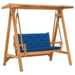 Balancelle Avec Coussin Bleu 170 Cm Bois De Teck Solide