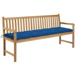 Banc De Jardin Avec Coussin Bleu 175 Cm Bois De Teck Massif