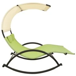 Chaise Longue Double Avec Auvent Textilène Vert Et Crème -Mobilier De Jardin chaise longue double avec auvent textilene vert et creme 3666722363136 936859