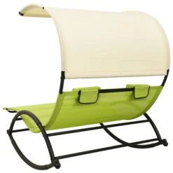 Chaise Longue Double Avec Auvent Textilène Vert Et Crème -Mobilier De Jardin chaise longue double avec auvent textilene vert et creme 3666722363136 936860