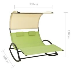 Chaise Longue Double Avec Auvent Textilène Vert Et Crème -Mobilier De Jardin chaise longue double avec auvent textilene vert et creme 3666722363136 936863