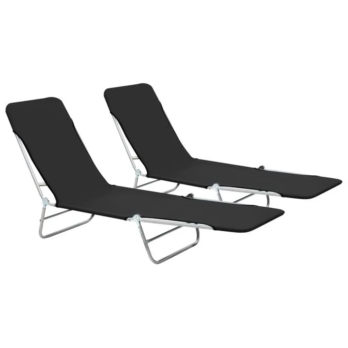 Chaises Longues Pliables 2 Pcs Acier Et Tissu Noir 3 Chaises Longues Pliables 2 Pcs Acier Et Tissu Noir