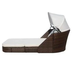 Lit De Jardin Avec Auvent Tissu Blanc Et Résine Marron Anki -Mobilier De Jardin lit de jardin avec auvent tissu blanc et resine marron anki 3666722555890 388123