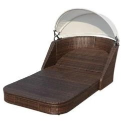 Lit De Jardin Avec Auvent Tissu Blanc Et Résine Marron Anki -Mobilier De Jardin lit de jardin avec auvent tissu blanc et resine marron anki 3666722555890 388124