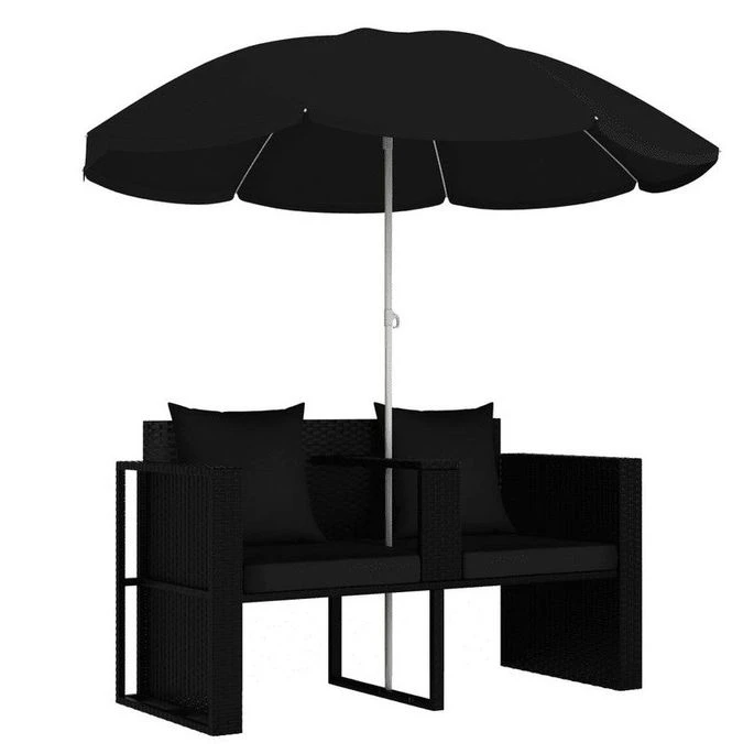 Lit De Jardin Avec Parasol Tissu Et Résine Tressée Noire Uvo 4 Lit De Jardin Avec Parasol Tissu Et Résine Tressée Noire Uvo – Image 2