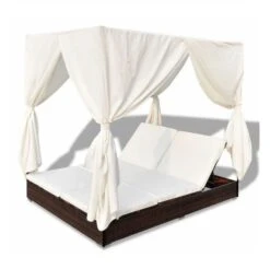 Lit De Jardin Avec Rideaux Résine Marron Et Tissu Blanc Uvo -Mobilier De Jardin lit de jardin avec rideaux resine marron et tissu blanc uvo 3666722560597 383911