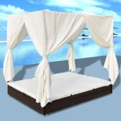 Lit De Jardin Avec Rideaux Résine Marron Et Tissu Blanc Uvo -Mobilier De Jardin lit de jardin avec rideaux resine marron et tissu blanc uvo 3666722560597 383915