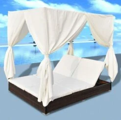 Lit De Jardin Avec Rideaux Résine Marron Et Tissu Blanc Uvo -Mobilier De Jardin lit de jardin avec rideaux resine marron et tissu blanc uvo 3666722560597 383916