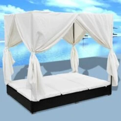 Lit De Jardin Avec Rideaux Résine Noire Et Tissu Blanc Uvo -Mobilier De Jardin lit de jardin avec rideaux resine noire et tissu blanc uvo 3666722560580 383917