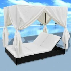 Lit De Jardin Avec Rideaux Résine Noire Et Tissu Blanc Uvo -Mobilier De Jardin lit de jardin avec rideaux resine noire et tissu blanc uvo 3666722560580 383918