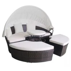 Lit De Jardin Avec Toit Et Table Résine Tressée Marron Velass