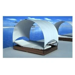 Lit De Jardin Avec Toit Tissu Blanc Et Résine Marron Khoa -Mobilier De Jardin lit de jardin avec toit tissu blanc et resine marron khoa 386594