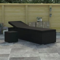 Set Chaise Longue Et Table Tissu Et Résine Tressée Noir Viali -Mobilier De Jardin set chaise longue et table tissu et resine tressee noir 3666722554404 389571