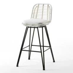 Tabouret Haut De Jardin Rotin Synthétique Blanc Et Métal Noir Ousfa