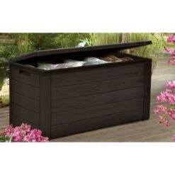 TOOD Malle De Rangement En Résine - 300 L - Marron Aspect Bois - 120 X 46 X 58 Cm