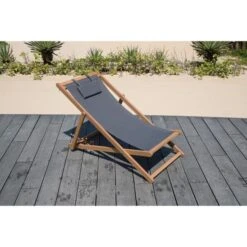 Transat En Eucalyptus Avec Assise En Polyester - Gris - MERI -Mobilier De Jardin transat en eucalyptus avec assise en polyester gris meri 3612407256101 597599